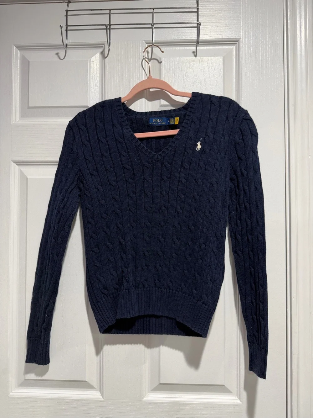 Polo by Ralph Lauren Navy Cable V-Neck Sweater with Logo